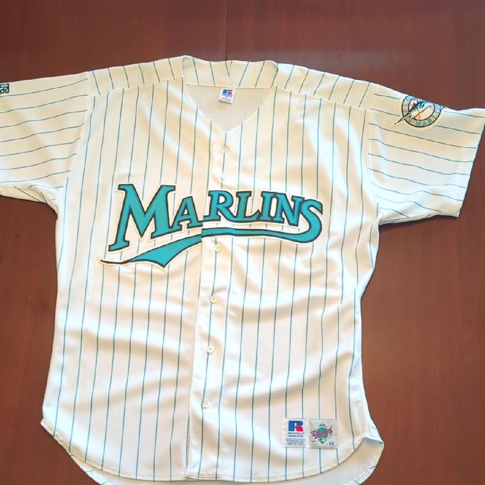 White and Teal Marlins Baseball Jersey